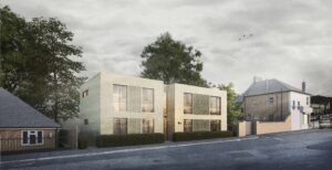 A modern residential development in Abbey Wood, Greenwich, London, featuring decorative brickwork, large glazing, and a sustainable architectural design that blends with the local streetscape.