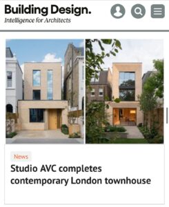 A contemporary London townhouse featuring a striking angled facade with large glass elements and a creamy brick exterior.