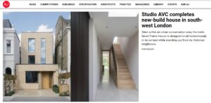 Exterior view of Frame House, a contemporary new build in South West London designed by Studio AVC, featuring a creamy brick facade, large glass elements, and an angled design to maximize natural light and views.