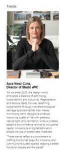 Ayca from Studio AVC discusses future design trends, focusing on sustainability, inclusivity, and regenerative architecture.